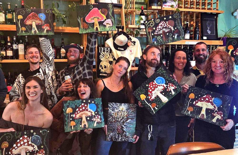 Cork-and-Craft-Asheville-paint-and-sip-party-painting-mushrooms