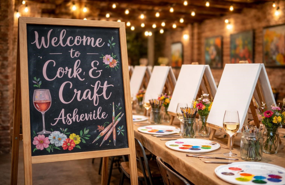 Cork-and-Craft-Asheville-paint-and-sip-party-sign-and-setup