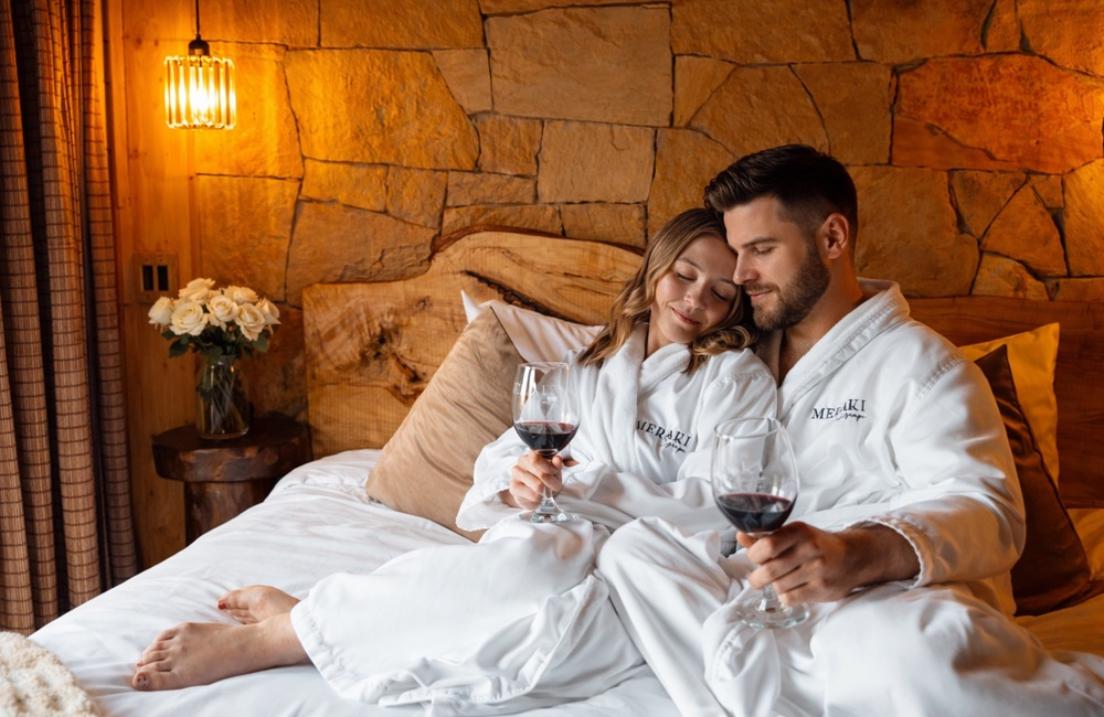 Meraki Escape in Brevard NC couple in robes in bed