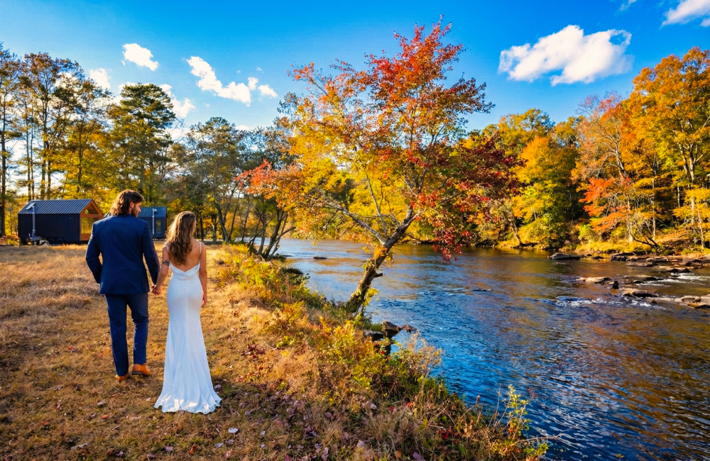 Asheville-River-Cabins-wedded-couple-strolling