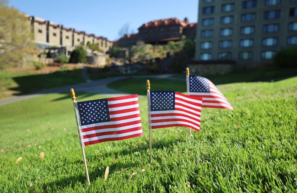 American flags on the lawn at Omni Grove Park Inn