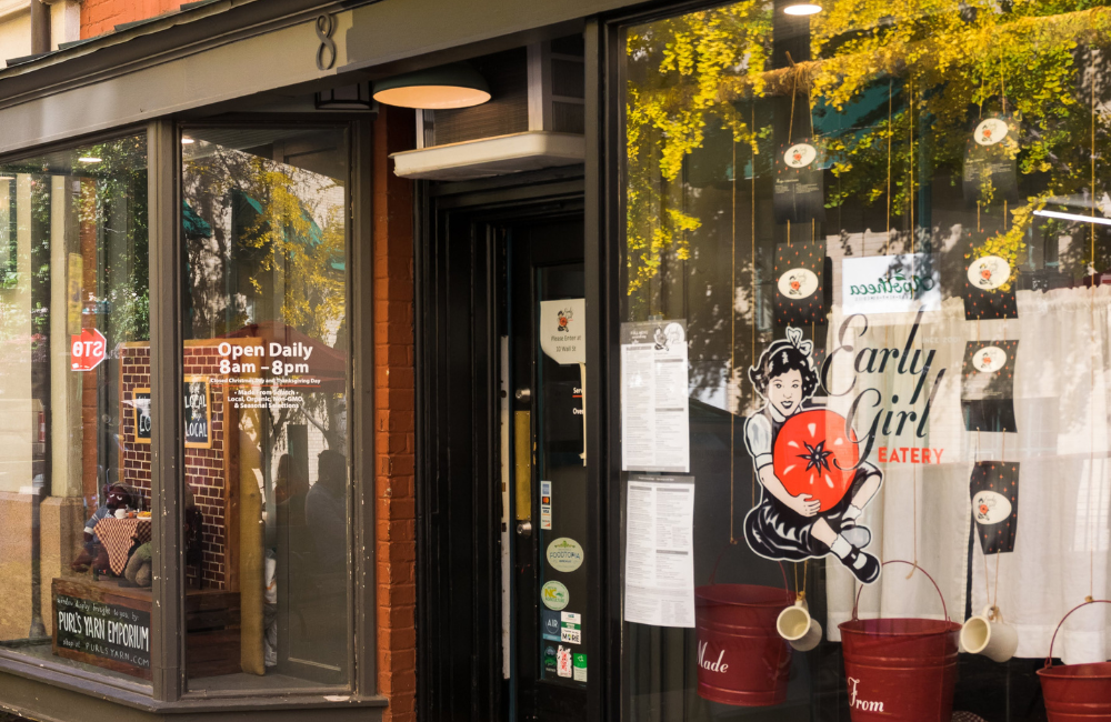 Glass windows of the downtown Asheville Early Girl Eatery restaurant