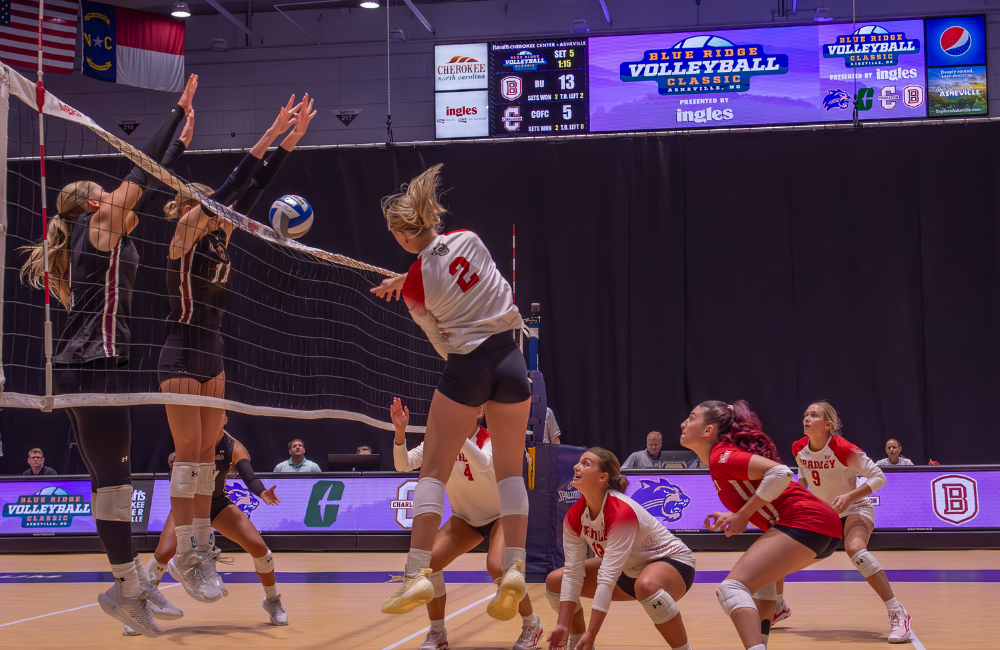 Photo by Steve Atkins of women blocking volleyball shot