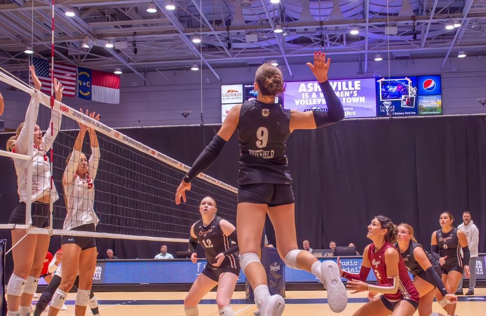 Photo by Steve Atkins of women setting volleyball