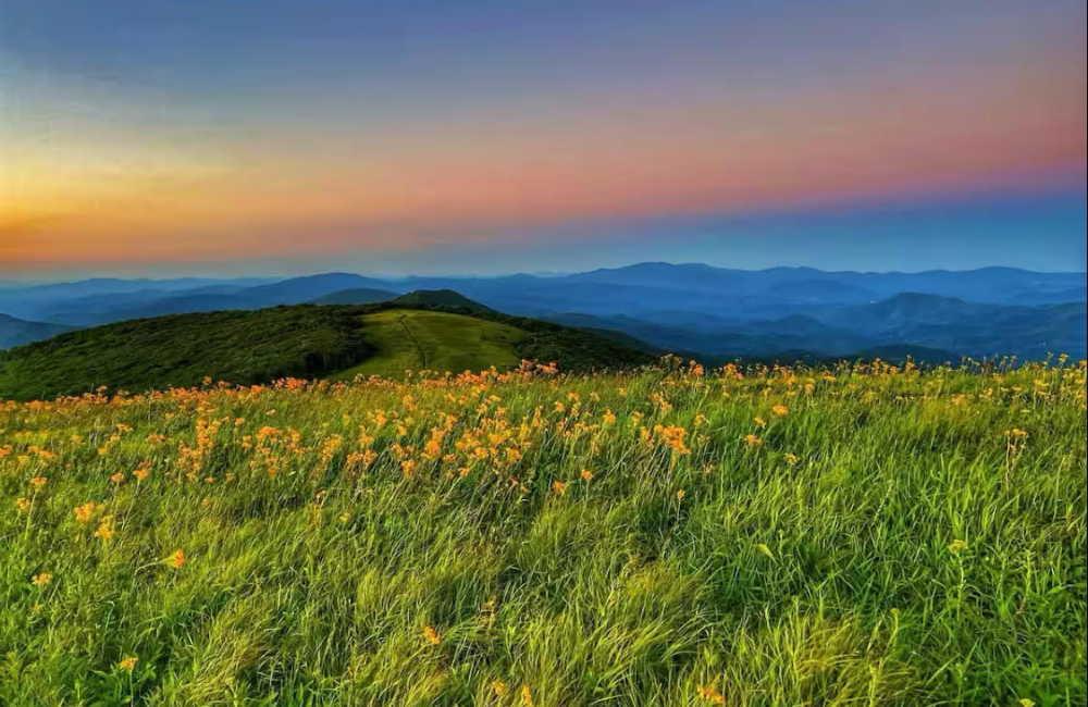 Long range mountain views at sunset in summer