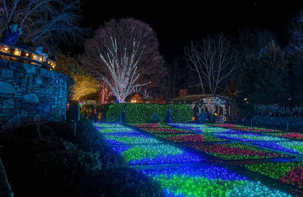The quilt garden made of festive lights at the Winter Lights display at the Arboretum