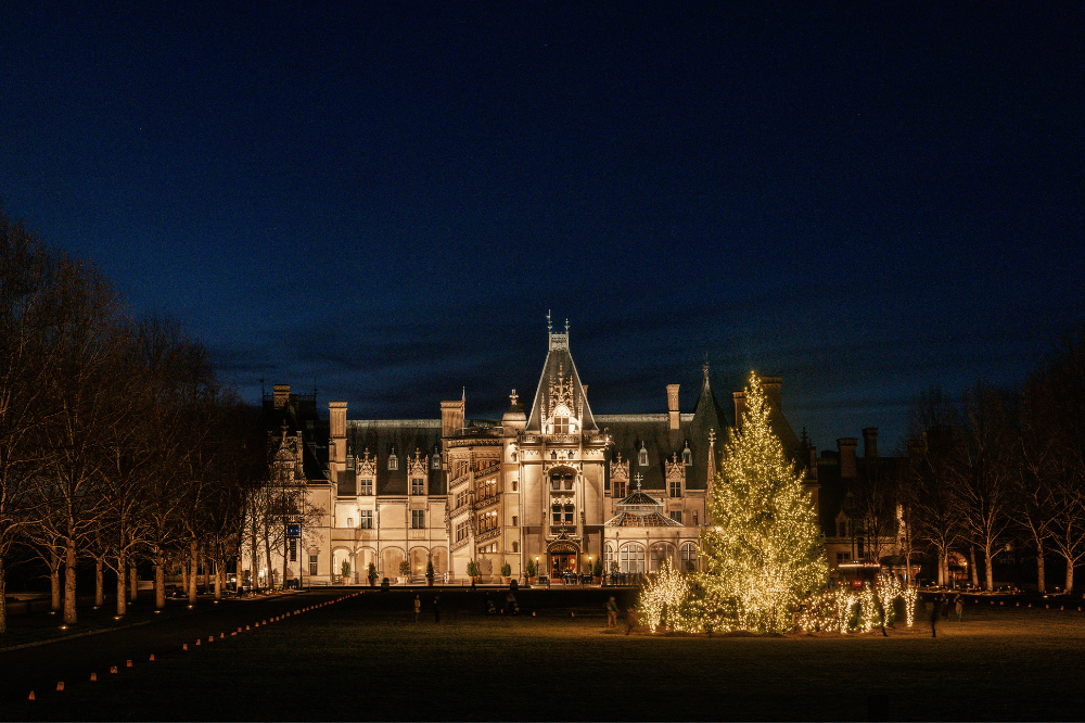 Exterior of the Biltmore Estate at night during winter