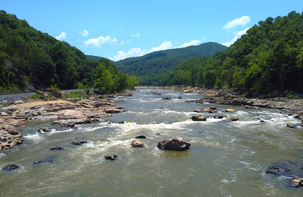 Blue skies over the French Broad River in Madison County NC