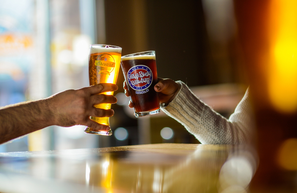 Brevard NC brewery glasses being touched together to cheers