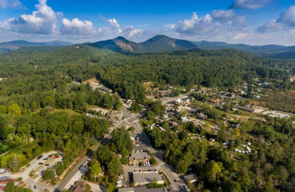 Aerial view of the mountain town of Cashiers in summer