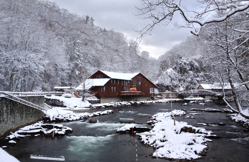 View of the Nantahala River covered with snow.
