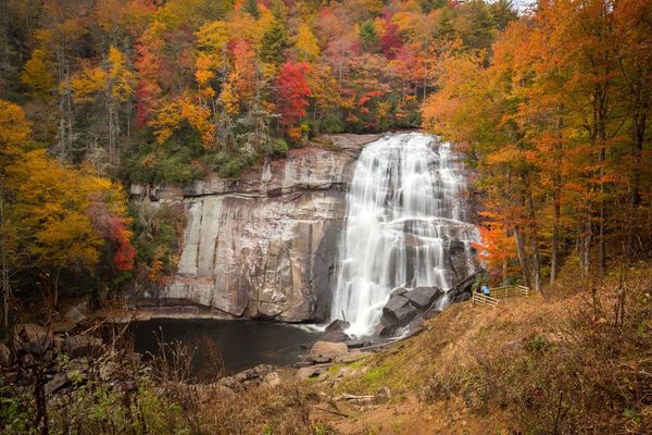 Looking Glass Falls aglow in fall colors. 