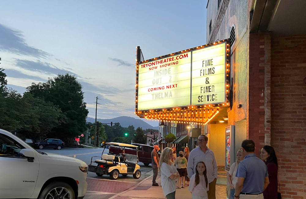 Tryon NC Theatre lit up at night