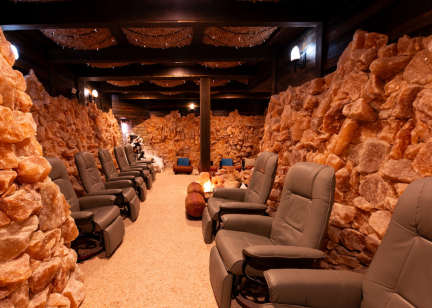 Salt cave with many chairs arranged against the walls