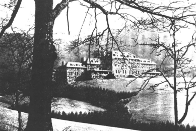 Spooky black and white photo of the exterior of the Grove Park Inn
