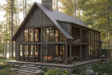 rendering of an a-frame mountain cabin
